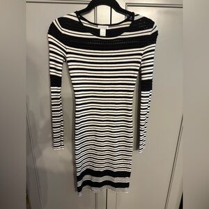 Y2K Cache Black and White Striped Long Sleeve Bodycon sweater dress XS